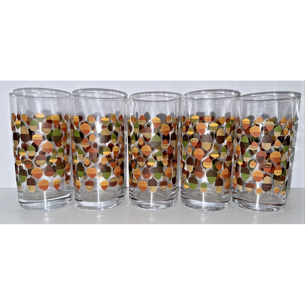 Set of 5 Vintage 6" Libbey? Autumn Fall Glasses Acorns Red Orange Yellow HTF